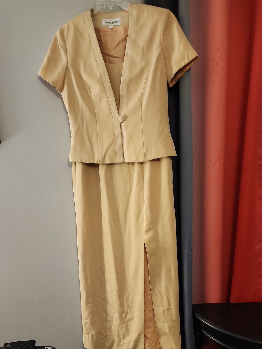 Donna Ricco Beige Maxi Skirt Suit with Short Sleeve Jacket